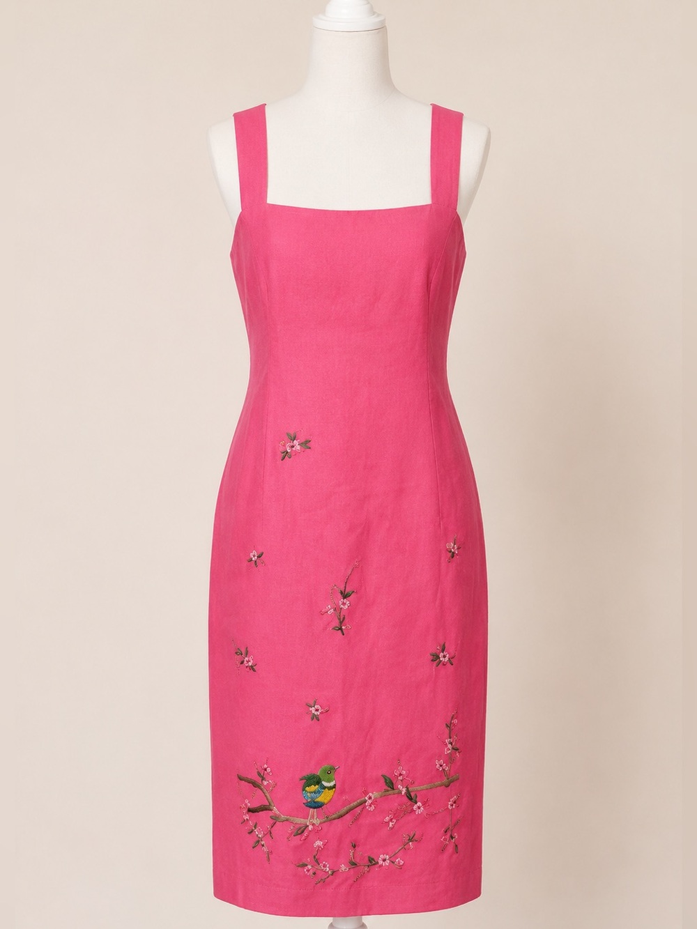 Donna Morgan • Pink Floral & Bird Embroidered Linen Blend Sleeveless Dress Sz 14